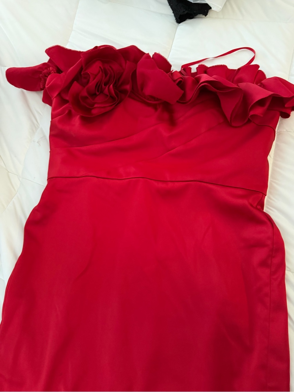 Marchesa Red Strapless Rosette Ruffle Dress
